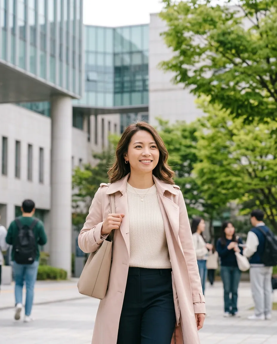 Chị Mạc Thanh Nga đi bộ trong khuôn viên trường đại học tại Hàn Quốc