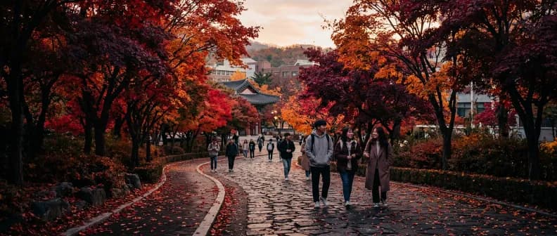 Khuôn viên trường đại học Hàn Quốc rực lá phong đỏ mùa thu (단풍) — trải nghiệm du học Hàn Quốc