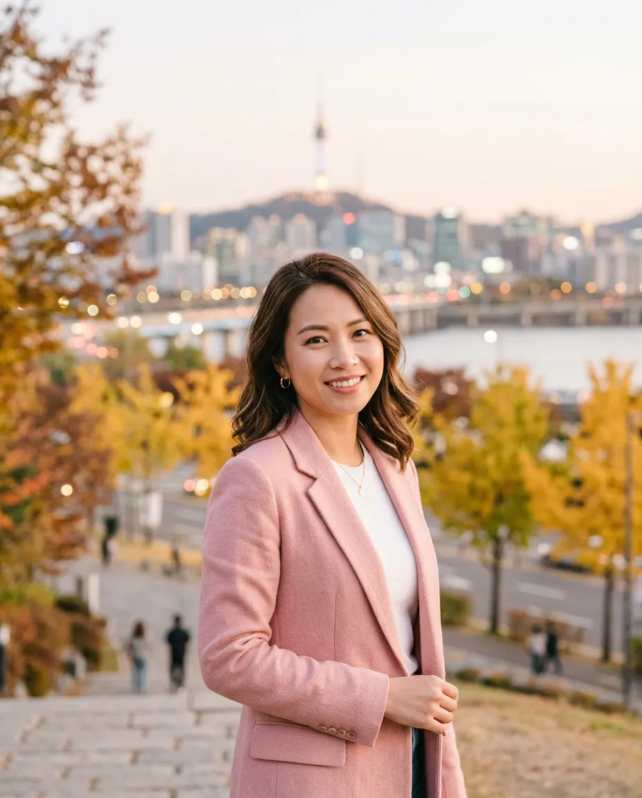 Chị Mạc Thanh Nga — tư vấn du học Hàn Quốc, sống tại Hàn 12 năm, với nền thành phố Seoul